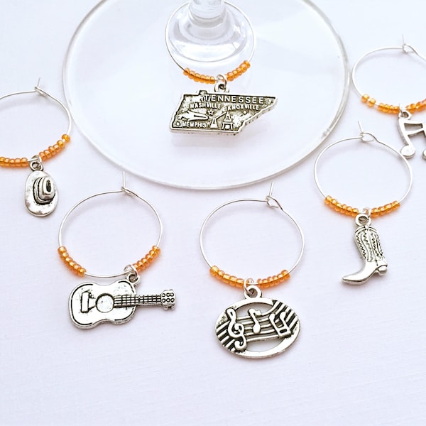 Tennessee Wine Charms. Inspired by Nashville. Tennessee charm, Cowboy Hat, Cowboy Boots, Guitar, Music Notes. Nashville theme. Nash Bash.