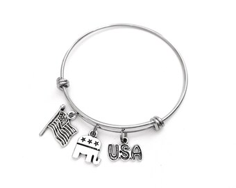 Republican themed bracelet. Republican Elephant Symbol, American Flag, and USA w/Stars Charms. GOP Conservative Right Wing Political gift.