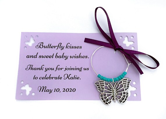 Butterfly baby shower wine charm favors: 1 charm set. Butterfly party favors. It's a Girl theme Butterflies Baby Shower Favor. 1-50 favors.