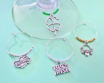 Ireland themed Wine Charms.  Includes Shamrock, Ireland, 100% Irish, and Claddagh Irish Hands holding a heart  Set of 4. St. Patricks Day.