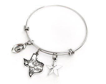 Texas bracelet. Includes State of Texas, Lone Star, and Cowboy Hat charms. Dallas, Houston, Austin, San Antonio Texan Gift. Texas Bangle.