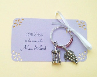 55 to 75 Customized wine charm favors for vineyard themed event: 2 charm set. Perfect for vineyard wedding favors & Bridal Shower Favors.