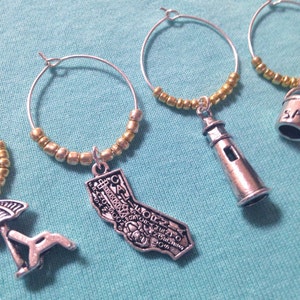 California Beach Wine Charms: California getaway and vacation perfect gift. California wine charms. Set of 4 to Set of 13.