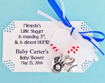 Baseball Baby Shower Wine charm Favors. Baseball Theme, little slugger, ballgame baby shower or baby sprinkle. 2-charm set. 1 to 50 favors.