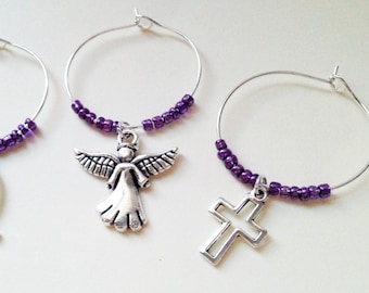 Religious Wine Charms: Includes "I love Jesus, Jesus Fish, an Angel, and Cross charms. Gift for Christian and religious friends. Set of 4.