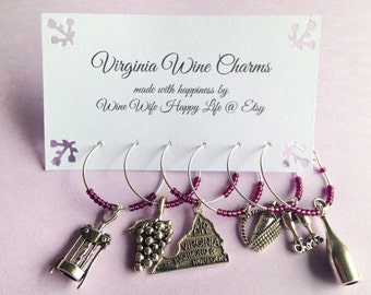 Virginia Wine Charms: Virginia Wine Themed Wine Charms. Perfect gift for Virginia Wine Country lover, and all Virginians. Set of 4-Set of 6.