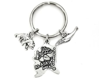 Alaska themed keychain. Includes State of Alaska, Kodiak Bear, and Humpback Whale chains. Alaskan Outdoors hostess gift.