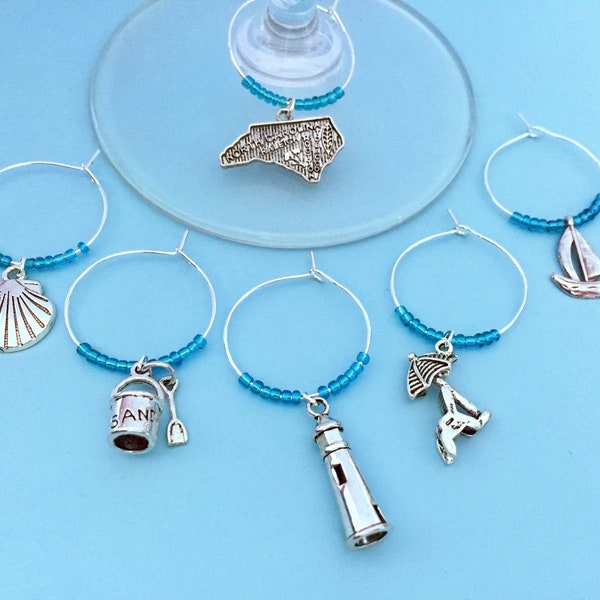 North Carolina Beach Themed Wine Charms: Beach vacation gift for wine lovers. NC Outer Banks Nags Heads decor. Set of 4 to Set of 13.