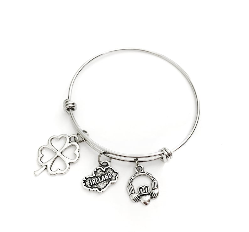 Includes shamrock 4 leaf clover I Love Ireland Irish Gift Ireland Bangle. Ireland bracelet Ireland Country and Claddagh Charms