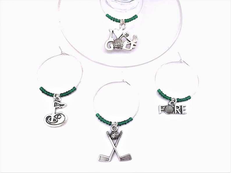 FREE SHIPPING Golf Wine Charms: Golfer gift for wine lovers. Green Beading color theme. Golf outing Gift. Set of 4. image 1