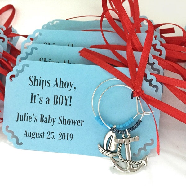 1 to 50 Quantity Nautical Baby Shower Wine charm Favors. Ships Ahoy Its a Boy, Sailor theme, Beach baby shower or baby sprinkle. 2-charm set