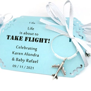 Airplane baby shower wine charm favors. Adventure Awaits and Take Flight Baby Shower Favors & Pilot Party Favors. 1 to 50 favors.