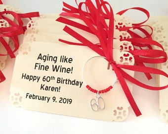 60th birthday party favors and 60th anniversary favors. Wine charms. Wine Charm Favors. Customized for your event. 1 to 50 favor count.