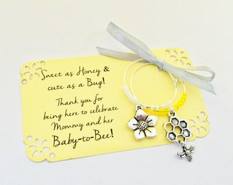 Baby to Bee Baby Shower wine charm favors: 2 charm set. Perfect for the Mommy to Bee's baby shower honey bee theme. 1 to 50 favor customized