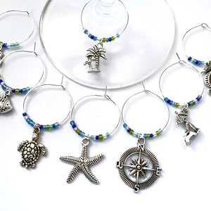 Caribbean Beach Themed Wine Charms: Tropical beach vacation gift for wine lovers. Island decor. Set of 4 to Set of 15. image 3