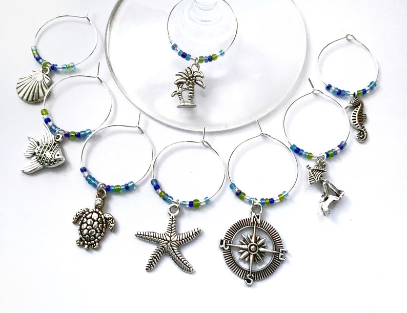 Caribbean Beach Themed Wine Charms: Tropical beach vacation gift for wine lovers. Island decor. Set of 4 to Set of 15. image 3