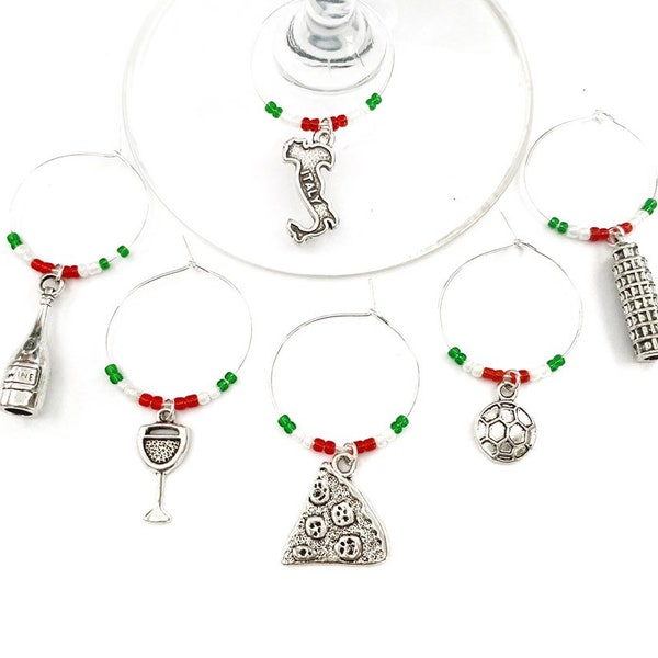 Free Shipping! Italy Wine Charms. Italian gift. Set of 6: Italy charm, Leaning Tower of Pisa, Pizza, Wine bottle, wine glass, & soccer ball