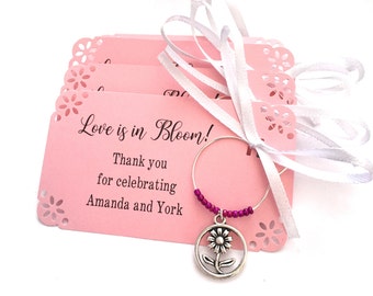 Flower and Garden themed wine charm favors for Garden Wedding. Perfect for Flower Bridal Shower and Rehearsal Dinner. Love is in Bloom