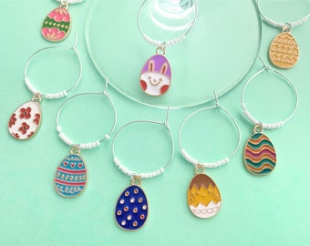 FREE SHIPPING! Decorated Easter Egg Wine Charms. Easter Egg Decorations. Wine Glass Markers. Easter Party Decor. Set of 8.