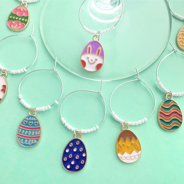 FREE SHIPPING! Decorated Easter Egg Wine Charms. Easter Egg Decorations. Wine Glass Markers. Easter Party Decor. Set of 8.