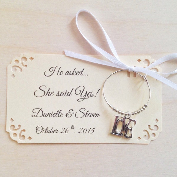 1 to 50 LOVE wine charm favors for She Said Yes! Bridal shower favor or perfect as a wedding favor for guests. Personalized for your event.