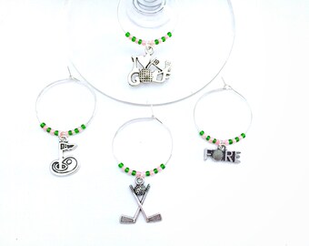 Golf Wine Charms: Silver Plated, Green & Pink Beads, Set of 4