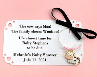 Moo Cow Baby Shower wine charm favors. Baby Girl Cow and Farm theme Baby Shower Favors & Cow Party Favor Deocrations. 1 to 50 favors.