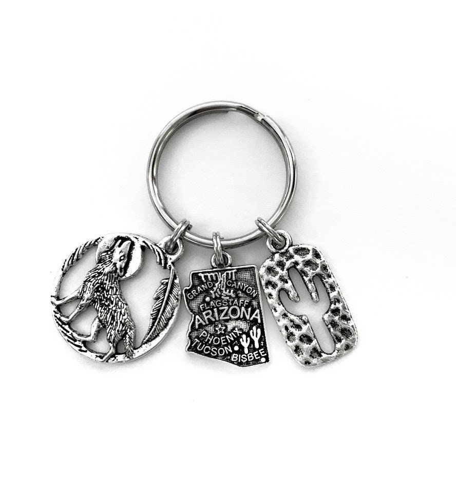 Arizona Themed Keychain. Includes State of Arizona, a Cactus, and ...