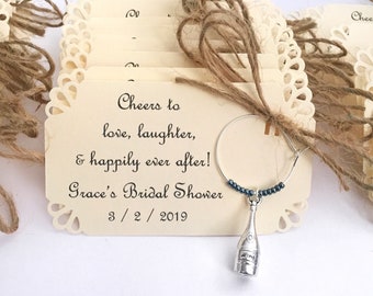 80 to 100 Bottle Personalized Wine charms for wedding favors, bridal shower favors, birthday favors, etc. Fully Customized.