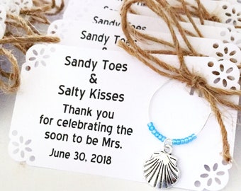 Beach themed wine charm favors for Beach Wedding. Perfect for Beach Bridal Shower and Rehearsal Dinner. Sandy Toes and Salty Kisses.