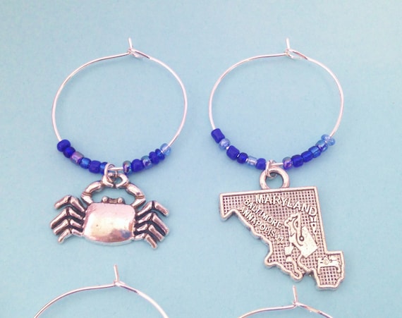Maryland Wine Charms: Maryland Shore themed Wine Charms. Set of 4 to Set of 6. Includes, State of Maryland, Crab, Sailboat, Seashell, etc.