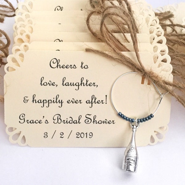 1 to 50 Bottle Personalized Wine charm favors for wedding favors, bridal shower favors, birthday favors, etc. Fully Customized.