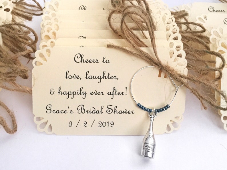 1 to 50 Bottle Personalized Wine charm favors for wedding favors, bridal shower favors, birthday favors, etc. Fully Customized. image 1