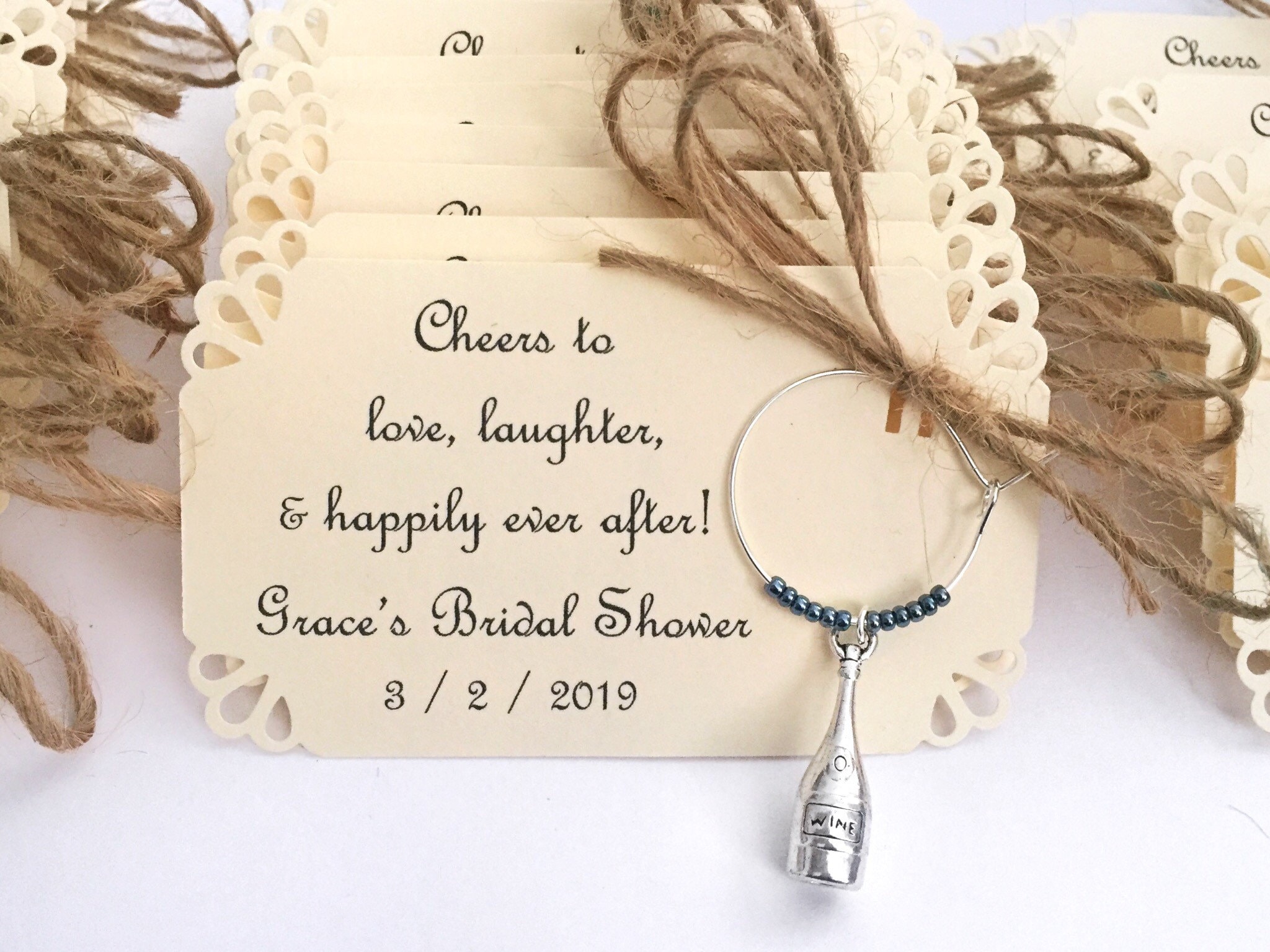 1 to 50 Bottle Personalized Wine charm favors for wedding favors, bridal shower favors, birthday favors, etc. Fully Customized.