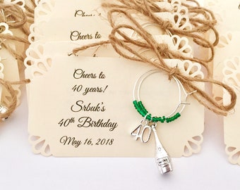 40th birthday favors, 40th anniversary favors. Number Forty wine charms. 2-charm set. Customized for your event. 1 to 50 favor listing.