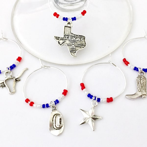 Free Shipping! State of Texas Wine Charms: gift for your Texan lover. Set of 5 (Texas, Cowboy Hat, Longhorn, Cowboy Boot, & Texas Star)