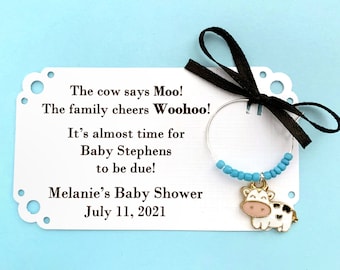 Moo Cow Baby Shower wine charm favors. Baby Boy Cow and Farm theme Baby Shower Favors & Cow Party Favor Deocrations. 1 to 50 favors.