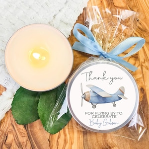 Blue Airplane Baby Shower Favors: Personalized Soy Candle Gift
