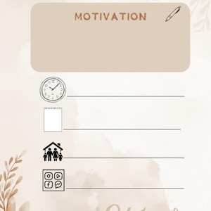 Könnte beinhalten: Ein beigefarbener und brauner Wochenplaner mit den Worten "WEEKLY GOALS" oben. Der Planer enthält einen Abschnitt für "MOTIVATION", eine Uhr, einen Notizblock, Familien- und Social-Media-Symbole und den Satz "Stronger Than Yesterday".