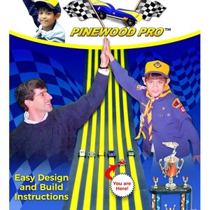 May include: A promotional image for a Pinewood Derby guide. The image features the text "WINNING PINEWOOD DERBY SECRETS" and "PINEWOOD PRO". It shows a race track with toy cars, a trophy, and the text "Easy Design and Build Instructions".
