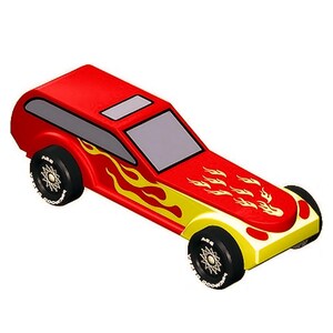 May include: A red and yellow toy car with flame decals on the side and hood. The car has black wheels with silver hubcaps and a gray windshield. The car is a stylized representation of a hot rod.