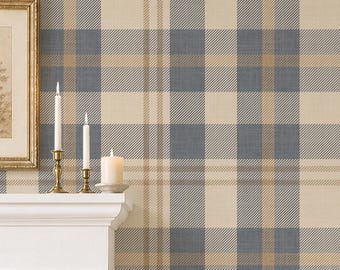 Neutral blue and beige Plaid Wallpaper – Nordic plaid design Farmhouse Interiors - Traditional Tartan Wall Decor, Peel & Stick or Grasscloth