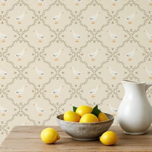 Sage Green Goose backsplash Wallpaper Grandmillennial cream & green nursery wall covering cute duck peel and stick rustic swan kid's bedroom