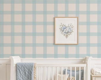 Tapeta w kratkę gingham w pastelowym błękicie do pokoju dziecięcego, chłopięca kratka, dekoracja ścienna do pokoju dziecięcego, przytulny domek, ponadczasowy styl vintage, darmowa wysyłka