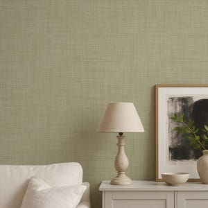 May include: A light gray two-door cabinet with a flat top, featuring a beige table lamp, a framed abstract black and white print, a small bowl, and a ceramic vase with green leaves. A white sofa sits to the left against a sage green wall.