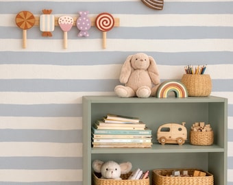 Imperfect blue striped wallpaper hand painted horizontal stripes nordic nursery wall Peel and Stick coastal wall covering beach house walls