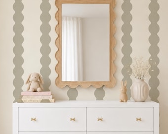 Natuurlijk groen gestreept behang, golvende groene kinderkamermuurdecoratie, retro badkamerwandbekleding (peel and stick), groene sint-jakobsschelpstrepen