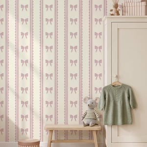 Pink Scallop Bow Stripe Wallpaper – Cottage Nursery Wall Covering (Peel and Stick) Romantic Cottage baby girl Wall Decor Powder room wall