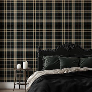 Rustic Dark black and cream Plaid Wallpaper with teal & red accents: sophisticated Farmhouse styled check pattern - FREE SHIPPING