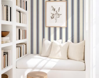 Blue & Burgundy Striped Wallpaper Coastal Farmhouse Peel and Stick Wall covering dusty blue ticking stripes Bordeaux accent maritime cottage